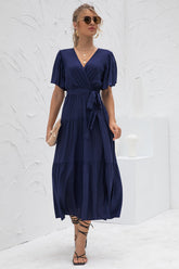 Langes Patchworkkleid mit V-Ausschnitt